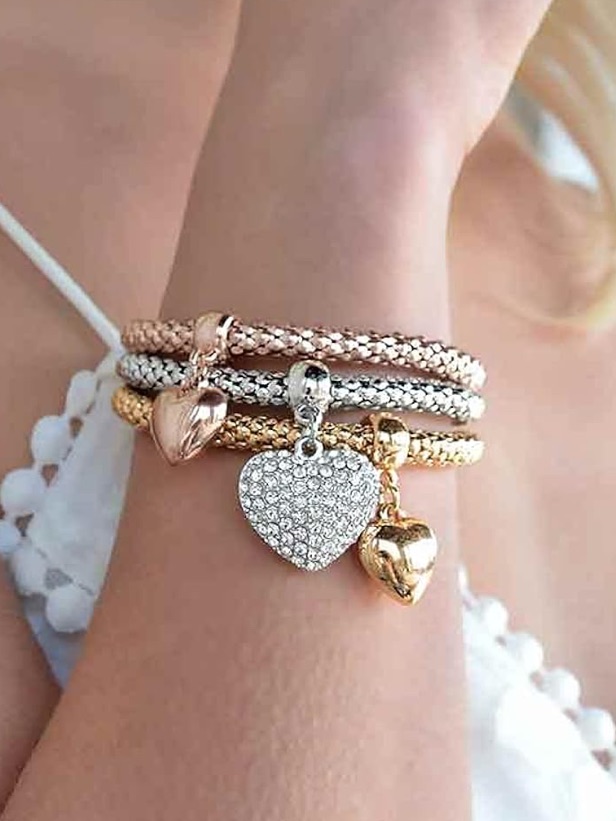 Anthropologie Tri-Tone Heart Charm Bracelet Set Rose Gold, Silver & Gold